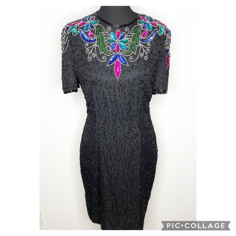 Star & Style Vintage black sequin floral beaded silk dress size 8